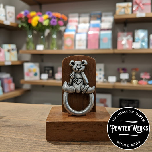 Handmade Pewter Eyeglass / ID Badge Holder Pin 'Healing Bear' Gift Bag Included.