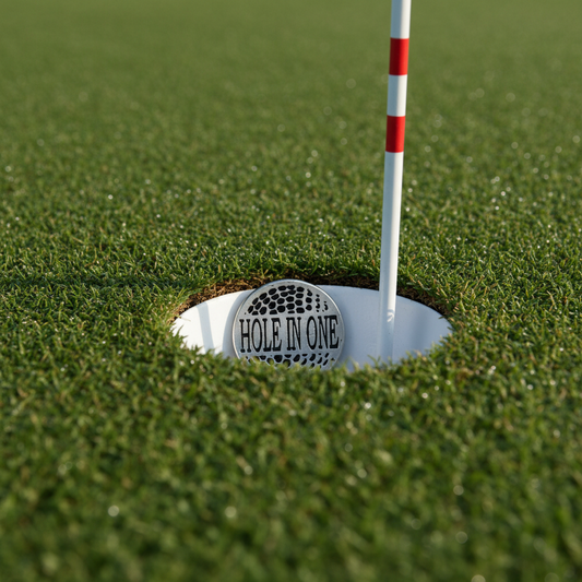 Golf hole with 'Hole in One' plaque and red and white flag on a green grass background