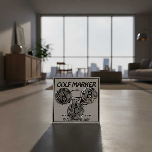 Golf marker with 'Made in America' label on a wooden floor with a blurred room background