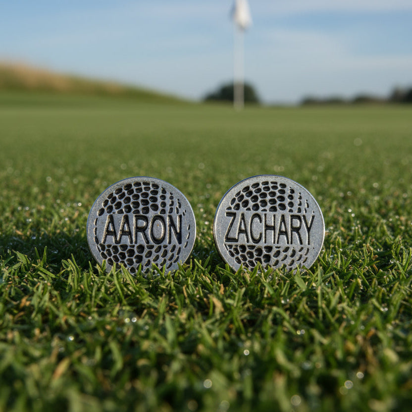 Two golf ball markers with 'Aaron' and 'Zachary' engraved on a grassy golf course.