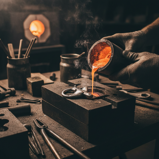 Person pouring molten metal into a mold in a workshop setting.