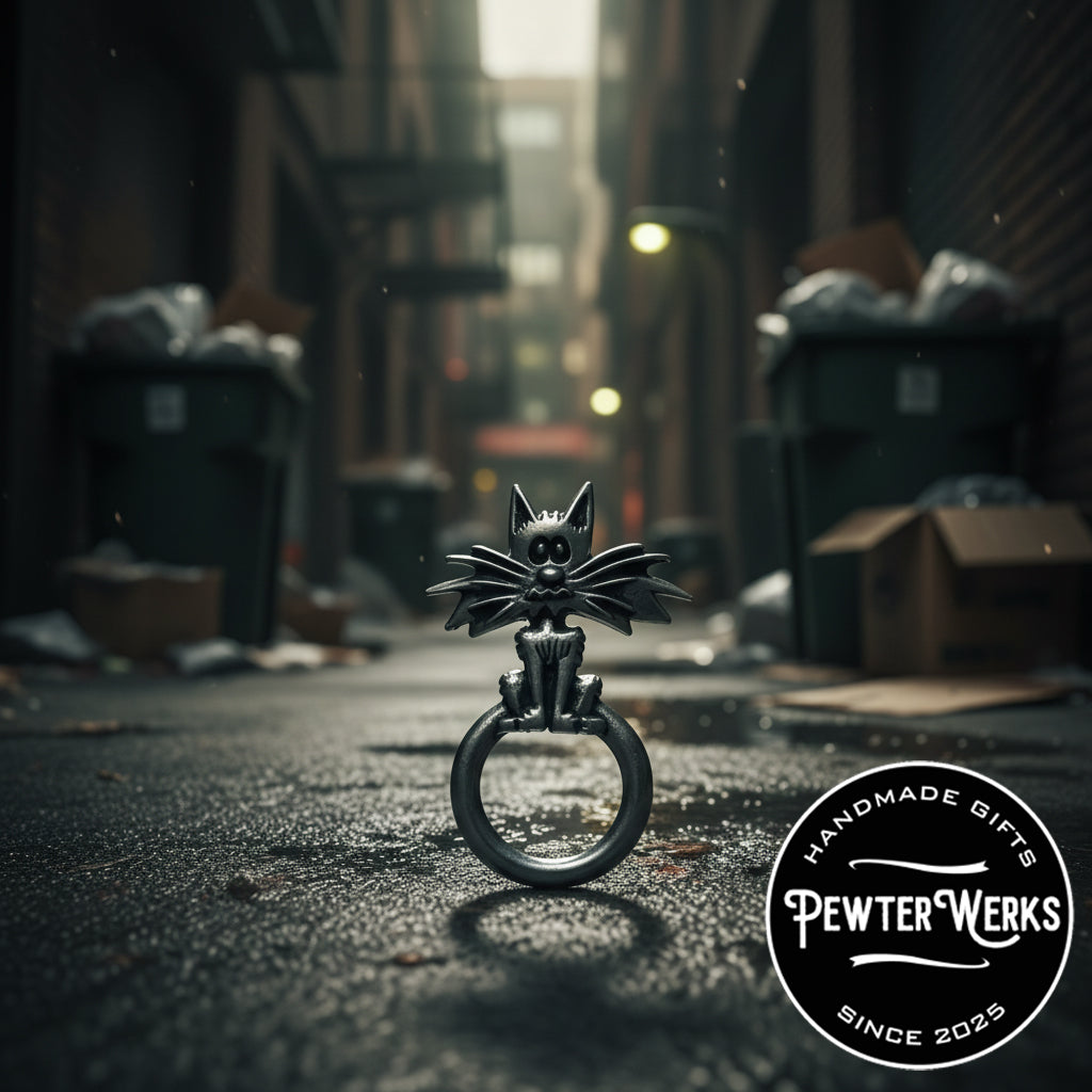 A Pewter 'Alley Cat' Eyeglass Holder in an alley full of trash cans and garbage. PewterWerks logo visible.