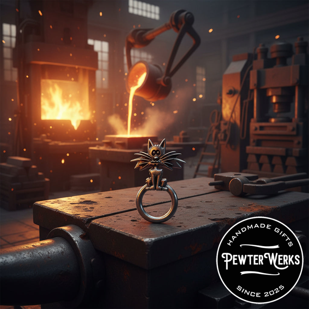 A Pewter 'Alley Cat' Eyeglass Holder In a foundry with molten metal and fire in the background. PewterWerks logo visible.