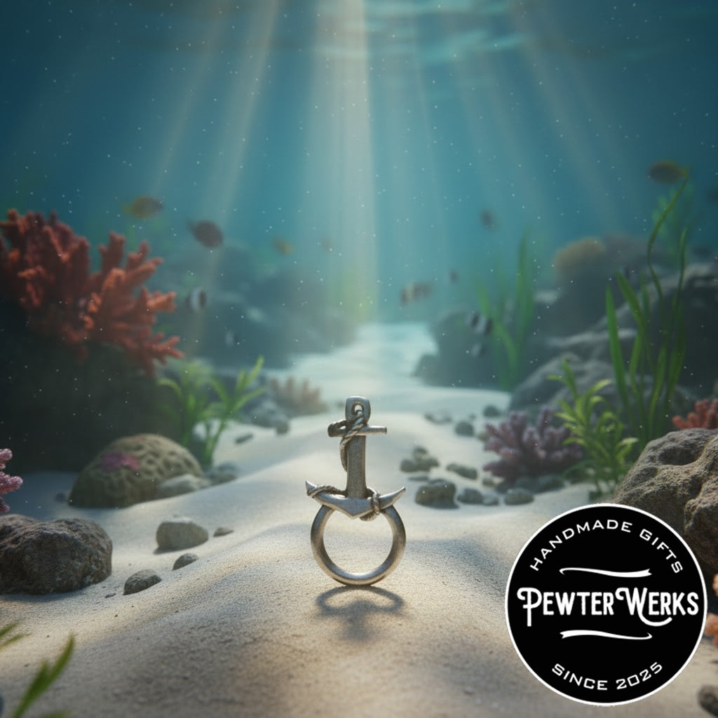 A Pewter 'Anchor' Eyeglass Holder on the ocean floor. PewterWerks logo visible.