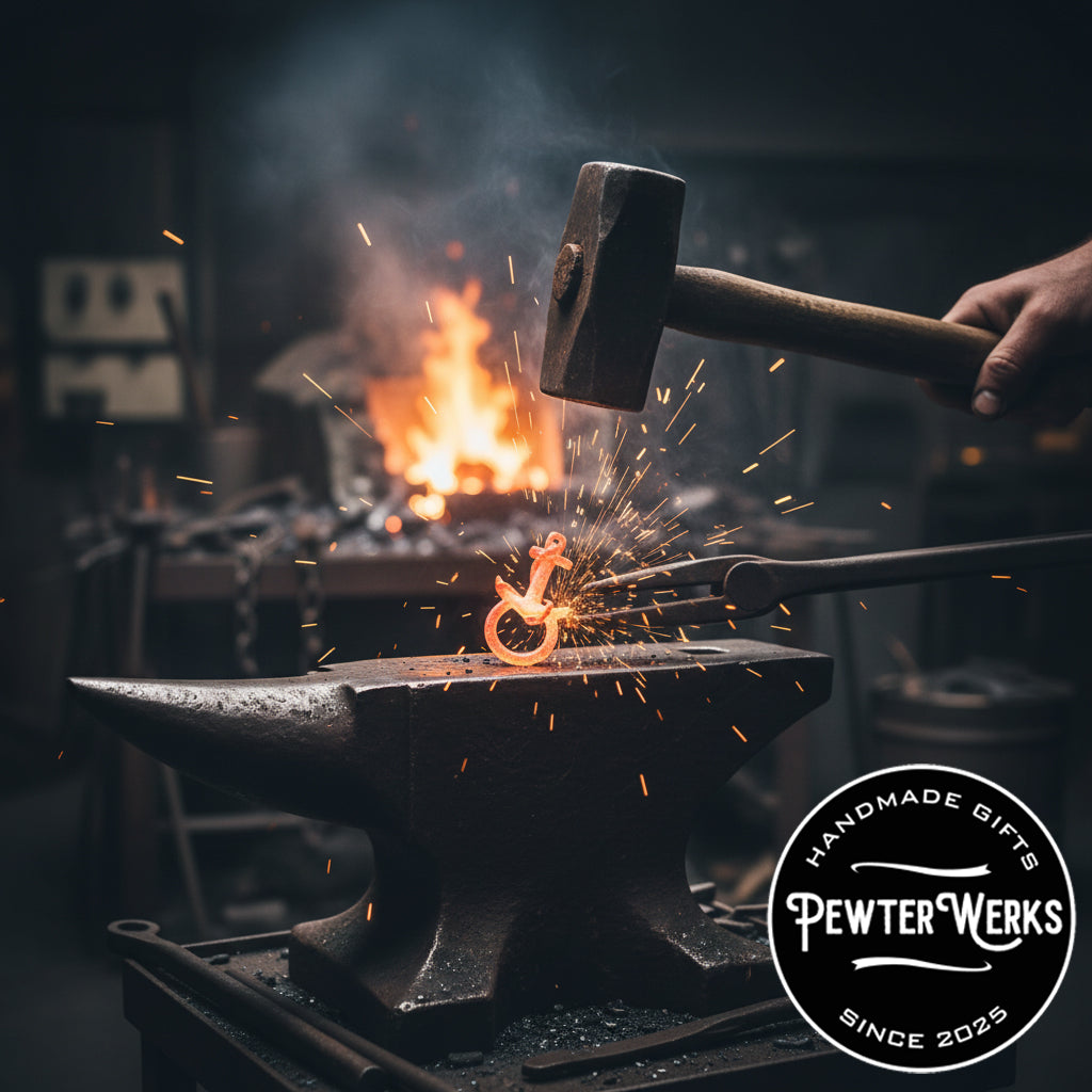 Person hammering a Pewter 'Anchor' Eyeglass Holder on an anvil with sparks flying. PewterWerks logo visible.