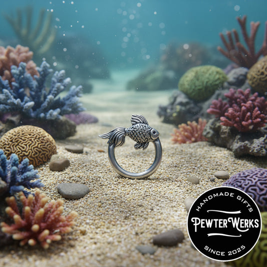 Pewter 'Angelfish' Eyeglass Holder on the sea floor amongst some coral. PewterWerks logo visible.