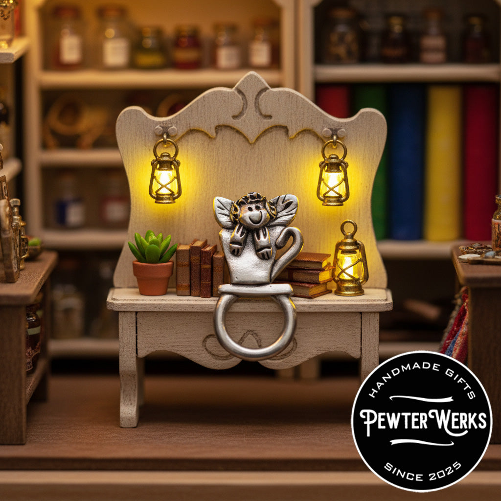 Pewter 'Angel in a Teacup' Eyeglass Holder sitting on a bench with some books and lanterns. PewterWerks logo visible.