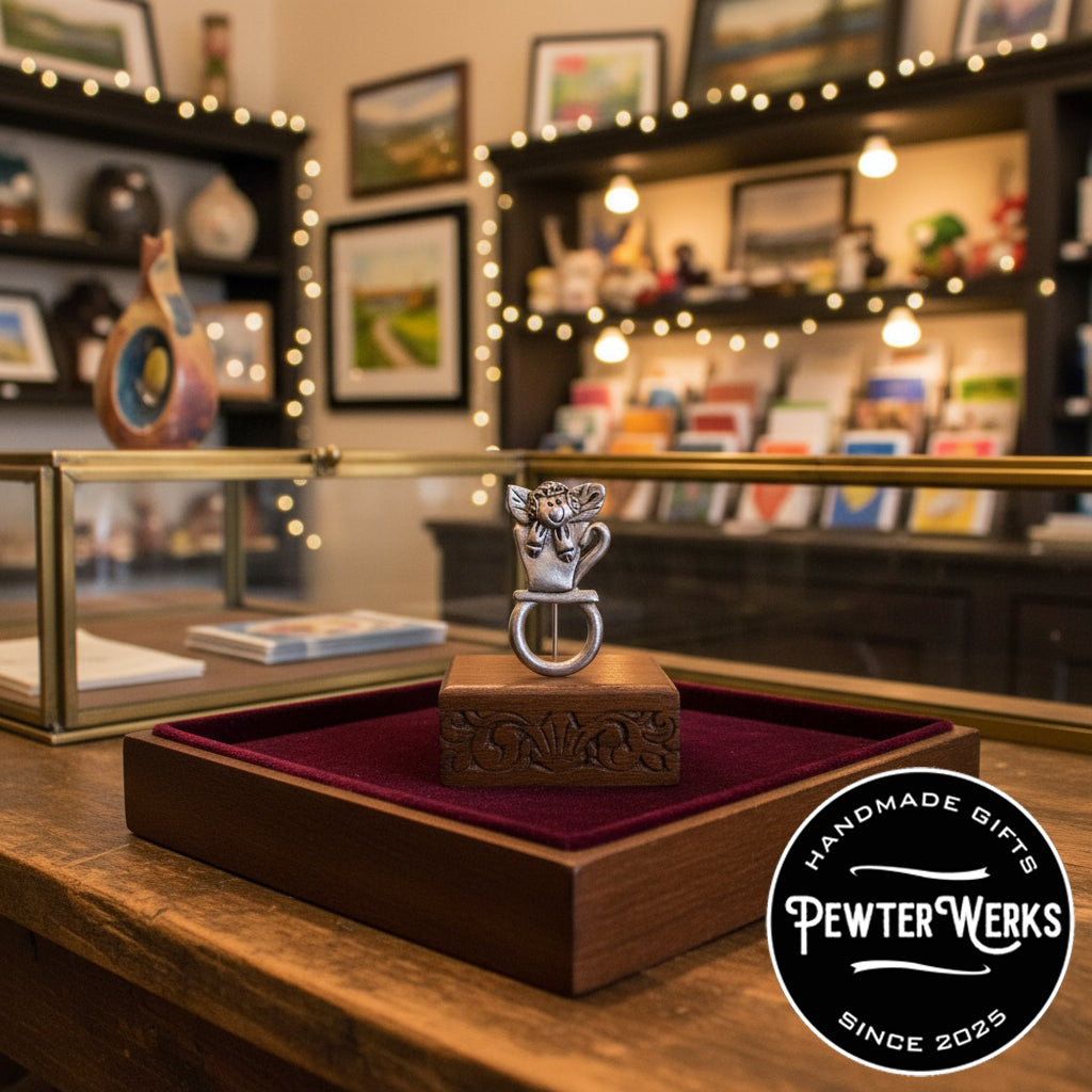 Pewter 'Angel in a Teacup' Eyeglass Holder on display in a gift shop. PewterWerks logo visible.