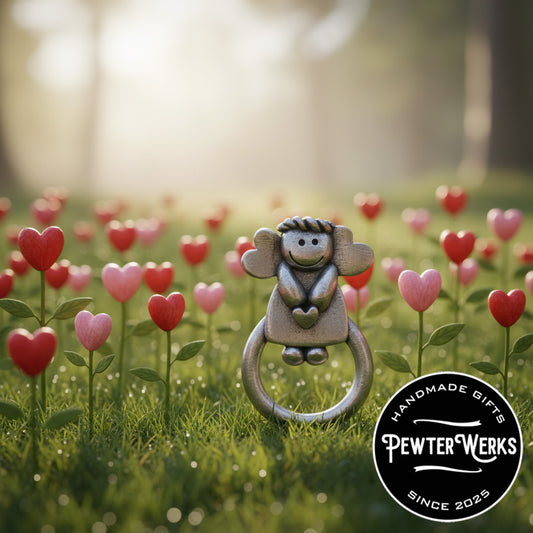 A Pewter 'Angel of Love' Eyeglass Holder standing in a full of heart shaped flowers. PewterWerks logo visible.