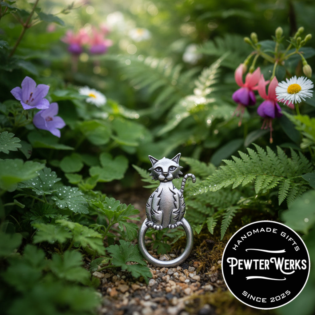 A Pewter 'Another Cat' Eyeglass Holder hiding in the bushes amongst some flowers. PewterWerks logo visible.