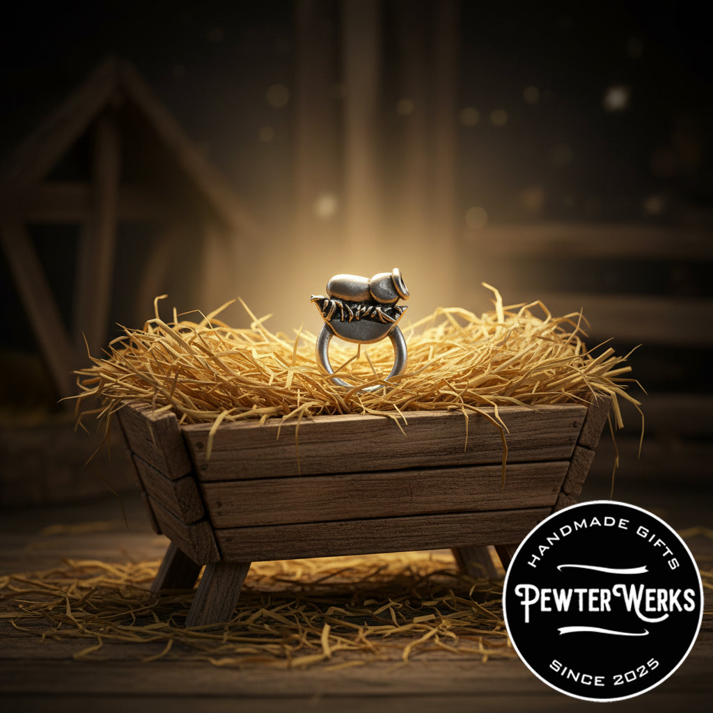 Pewter 'Baby Jesus' Eyeglass Holder glowing in a manger. PewterWerks logo visible.