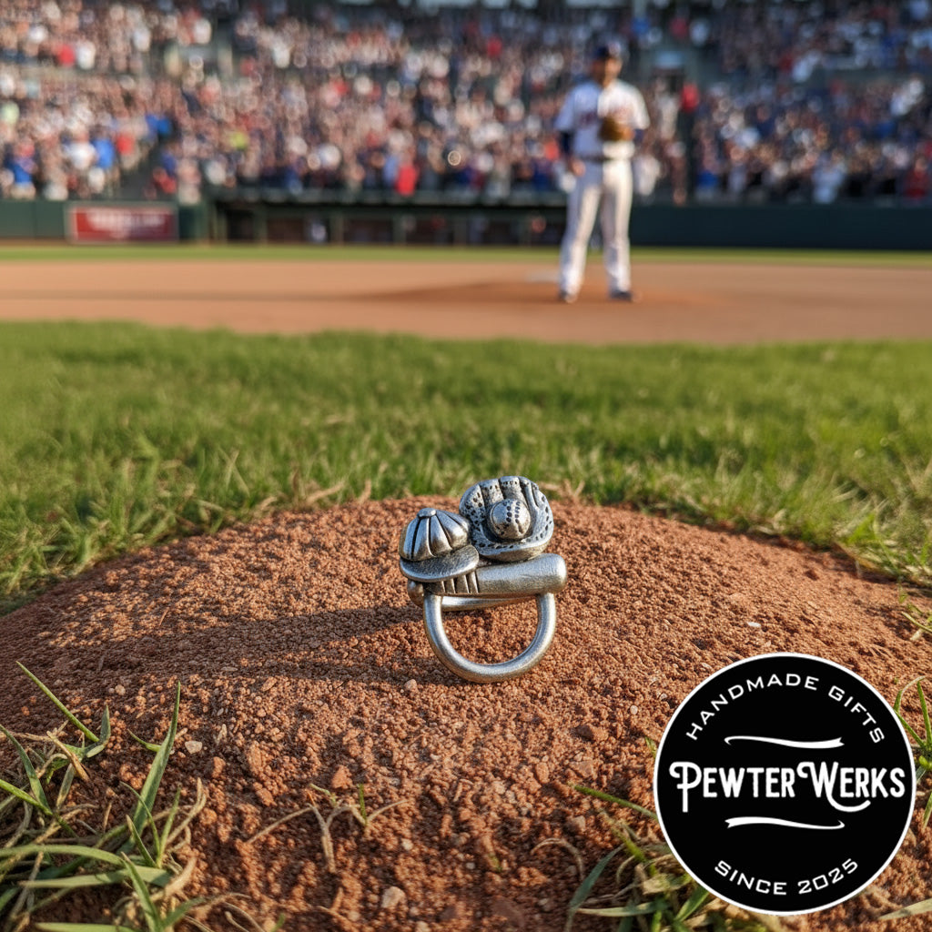 A 'Baseball' Eyeglass Holder made of pewter sitting on the pitcher's mound with fan's and a baseball player in the background. PewterWerks logo visible.