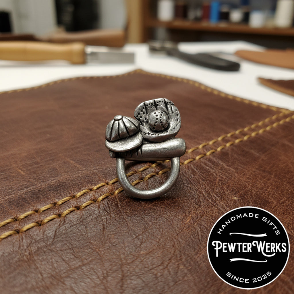 A 'Baseball' Eyeglass Holder sitting on a piece of brown leather in a shop. PewterWerks logo visible.