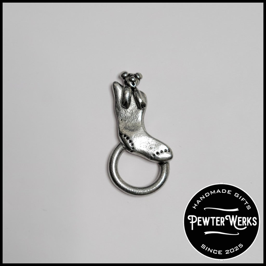 Handmade Pewter Eyeglass / ID Badge Holder Pin 'Bear in a Sock' Gift Bag Included.