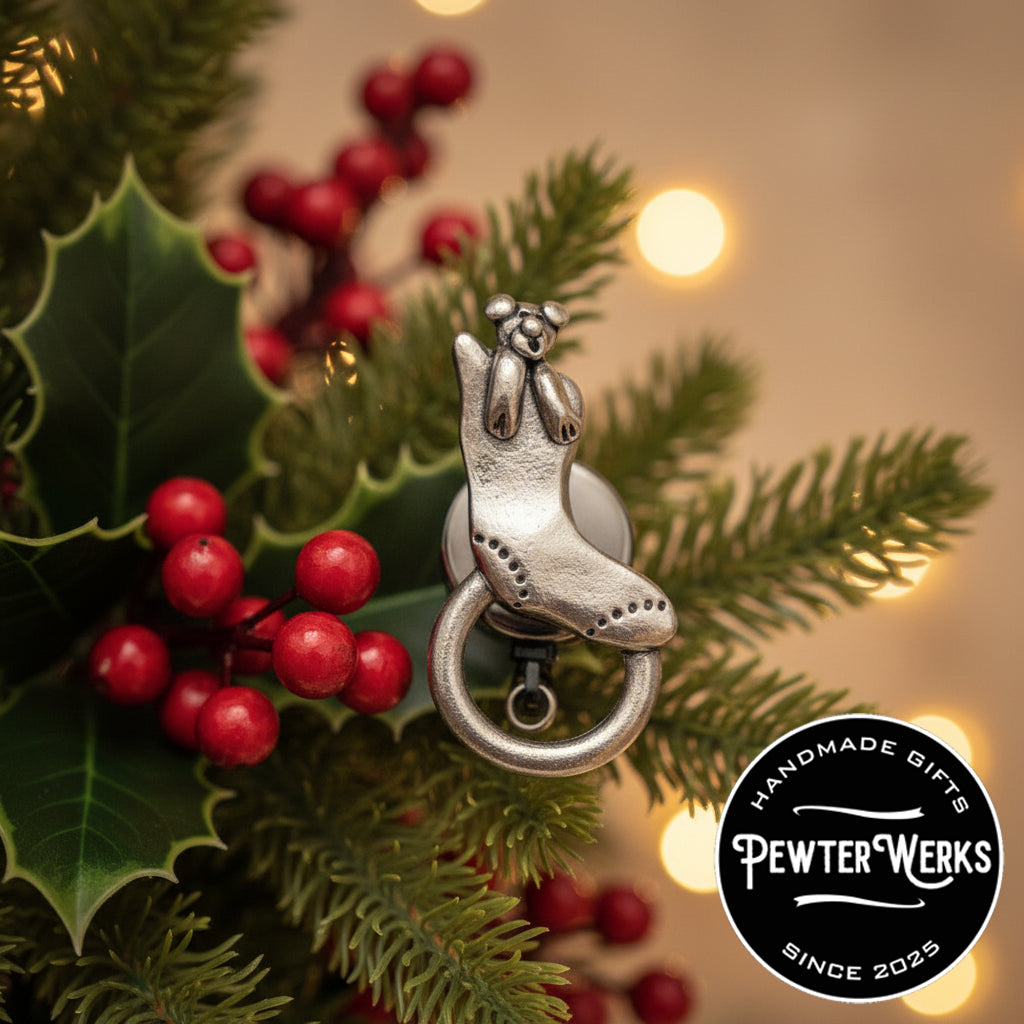 Handmade Pewter Eyeglass / ID Badge Holder Pin 'Bear in a Sock' Gift Bag Included.