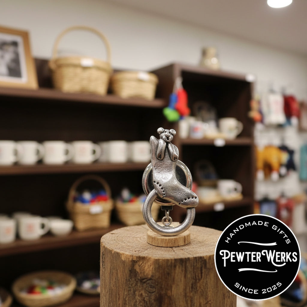 Handmade Pewter Eyeglass / ID Badge Holder Pin 'Bear in a Sock' Gift Bag Included.