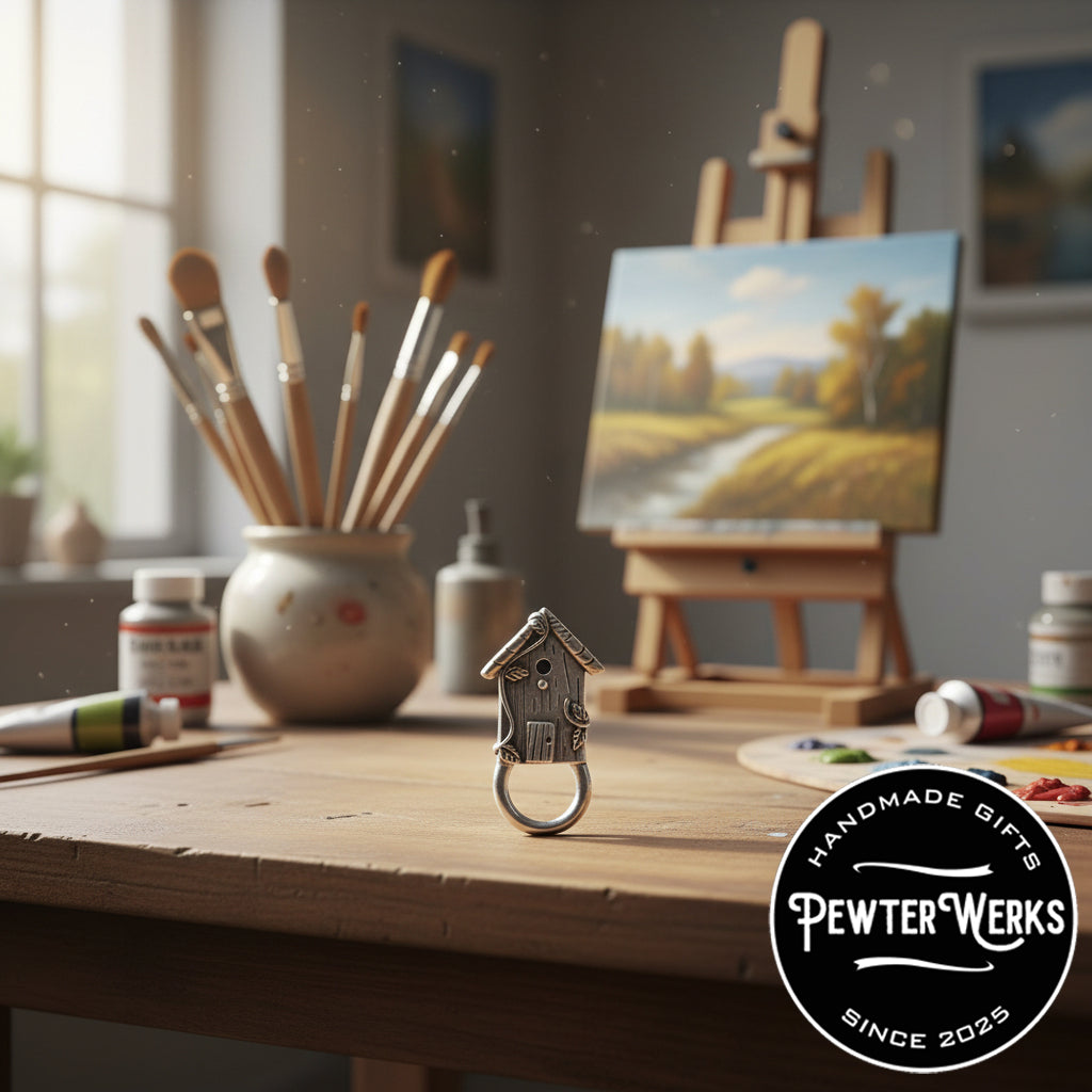 A 'Birdhouse' eyeglass holder sitting on the table in an artists loft. PewterWerks logo visible.