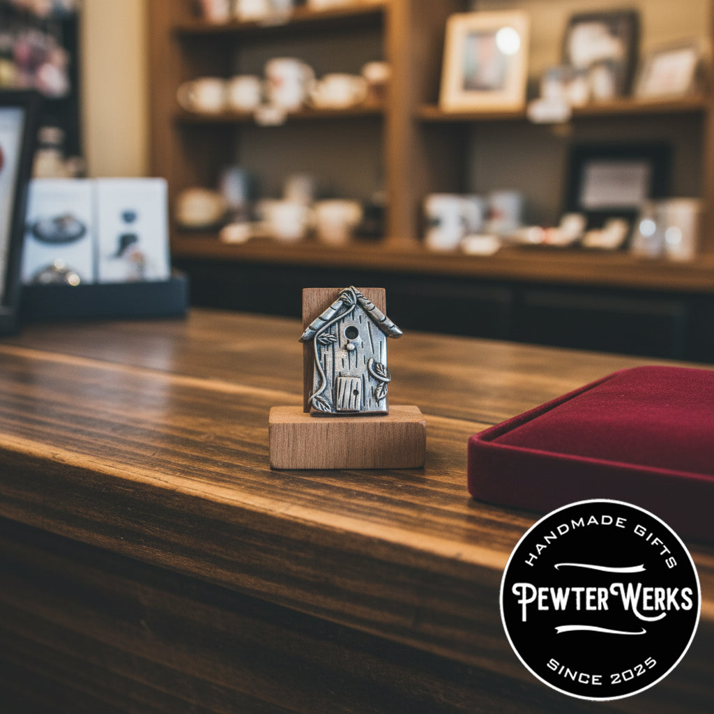 Handmade Pewter Lapel Pin 'Birdhouse' Gift Bag Included.