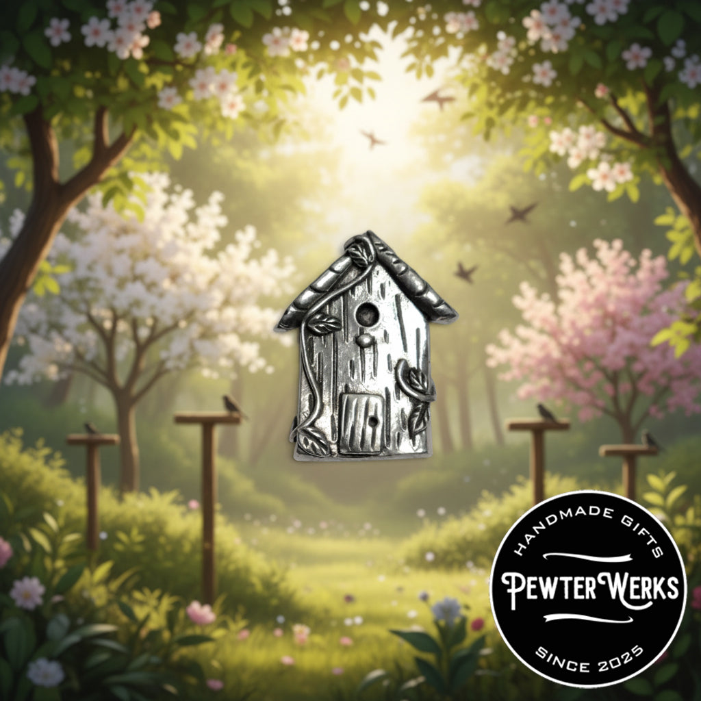 Handmade Pewter Lapel Pin 'Birdhouse' Gift Bag Included.