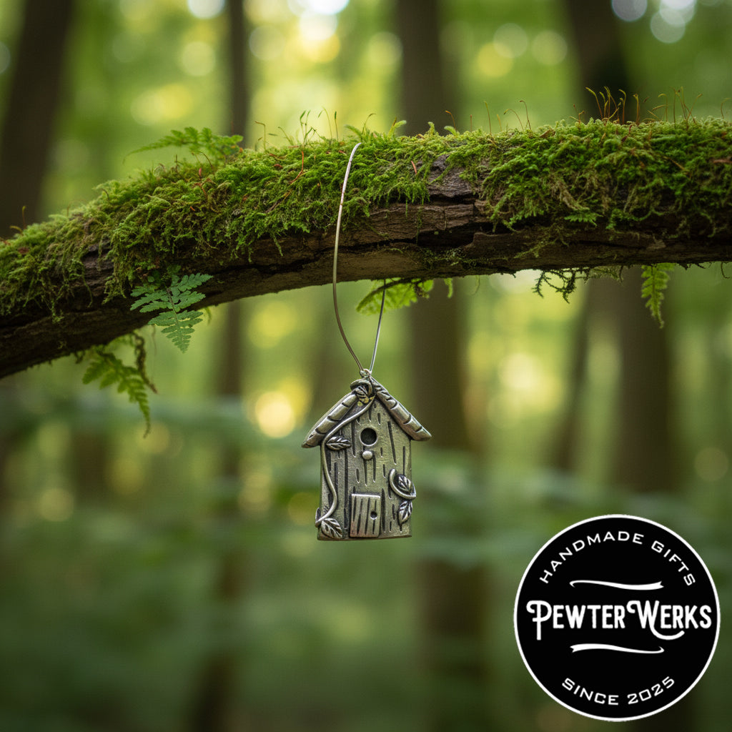 Handmade Pewter Lapel Pin 'Birdhouse' Gift Bag Included.