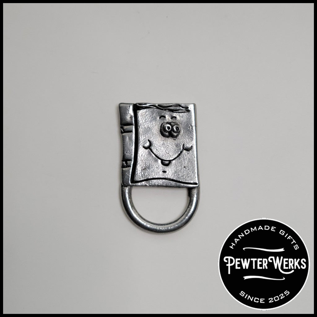 Handmade Pewter Eyeglass / ID Badge Holder Pin 'Book Face' Gift Bag Included.