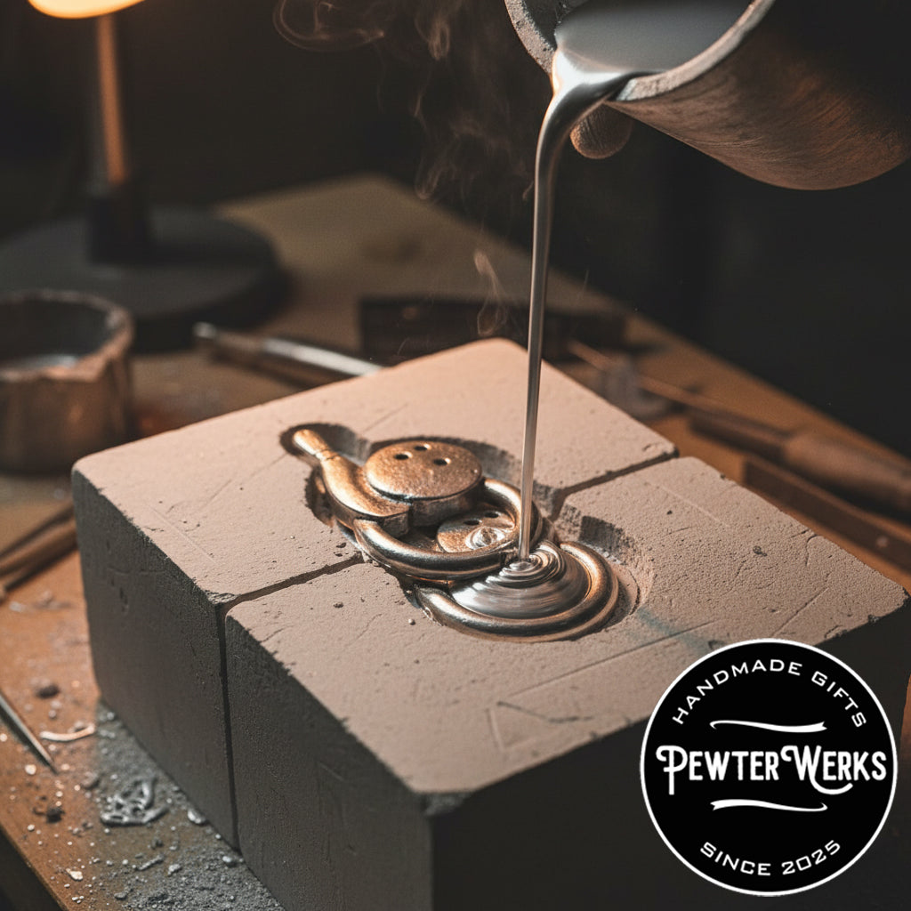 Molton pewter being poured on a 'Bowling' eyeglass holder in a shop setting. PewterWerks logo visible.