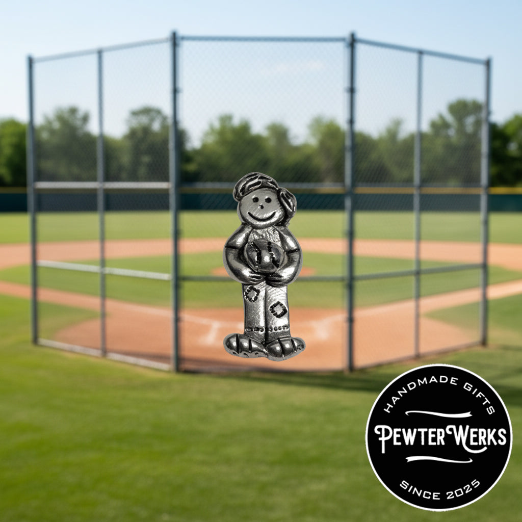 Handmade Pewter Lapel Pin 'Boy with a Baseball' Gift Bag Included.