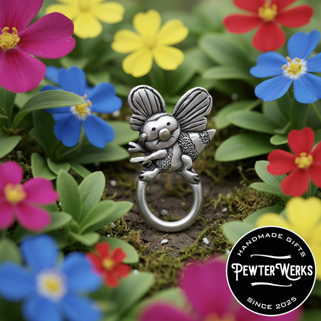 A pewter 'Busy Bee' eyeglass holder working in the garden amongst the colorful flowers. PewterWerks logo visible.