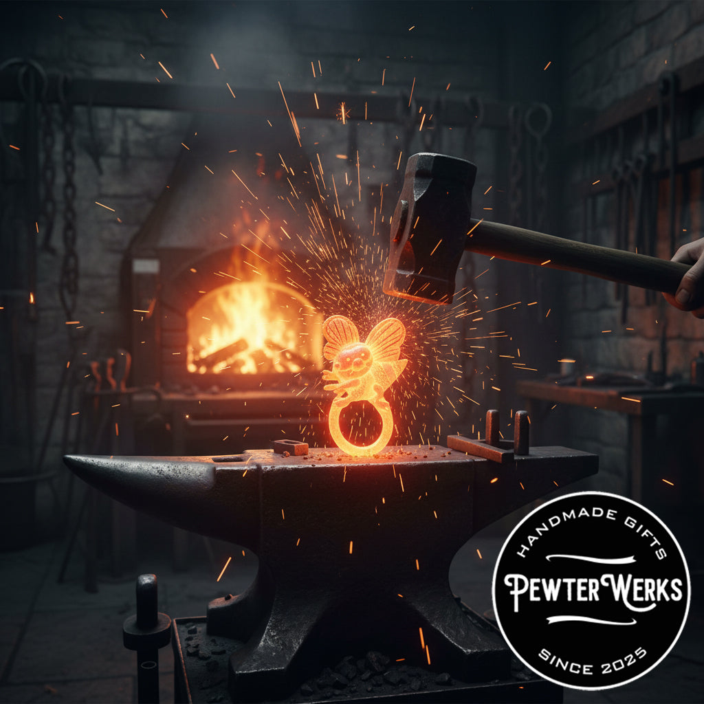 A red hot 'Busy Bee' eyeglass holder being hammered on an anvil in a foundry with a fiery stove in the background. PewterWerks logo visible.