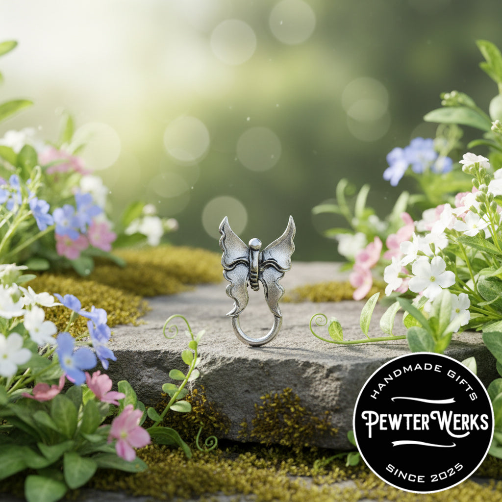 A pewter 'Butterfly' eyeglass holder sitting on a rock surrounded by pretty flowers. PewterWerks logo visible.