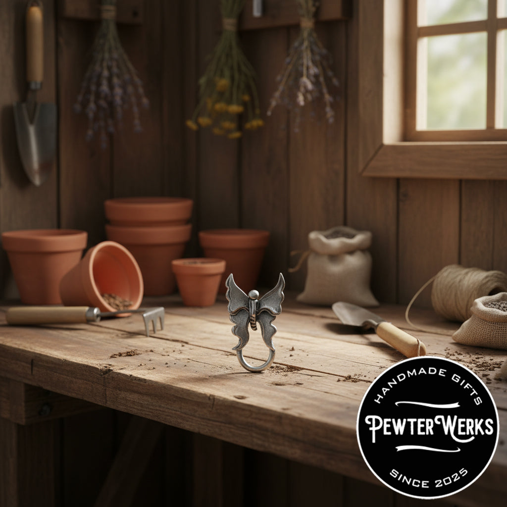 A pewter butterfly eyeglass holder sitting on the workbench in a gardener's shed. PewterWerks logo visible.