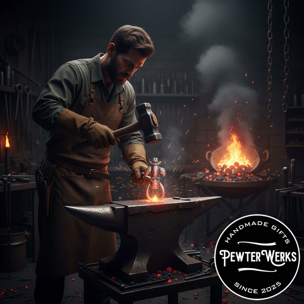 A pewter cactus cowboy eyeglass holder being hammered into shape by a blacksmith on an anvil. PewterWerks logo visible.