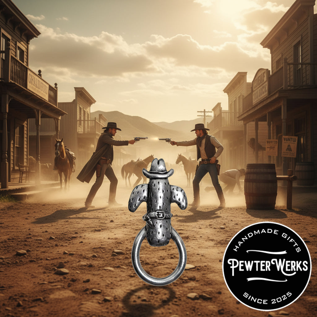 A pewter 'Cactus Cowboy' eyeglass holder ready for a gunfight on Main Street in a small old western town. PewterWerks logo visible.