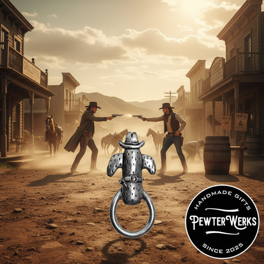 A pewter 'Cactus Cowboy' eyeglass holder ready for a gunfight on Main Street in a small old western town. PewterWerks logo visible.
