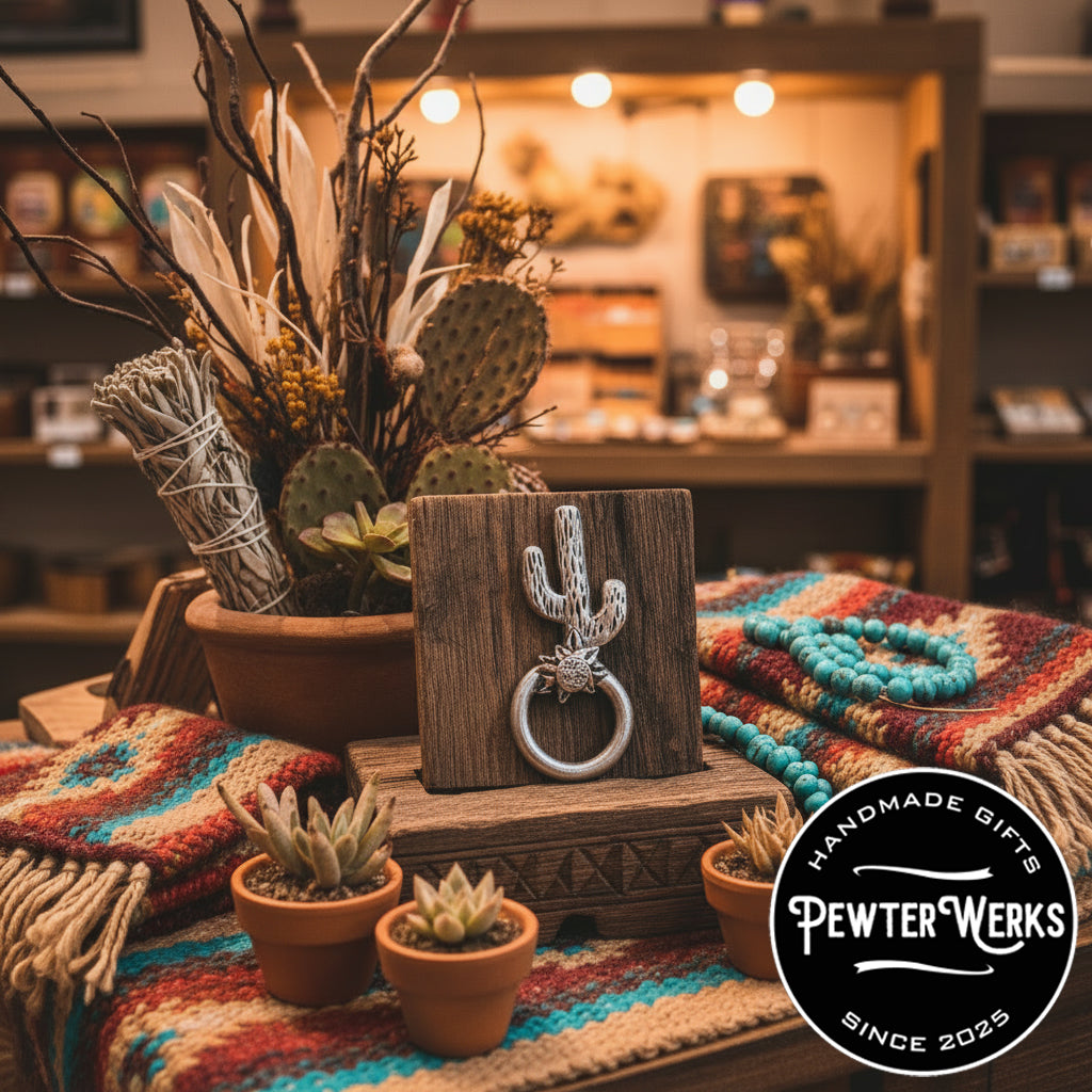A pewter 'Cactus with Flower' eyeglass holder on display in a Southwestern gift shop. PewterWerks logo visible.