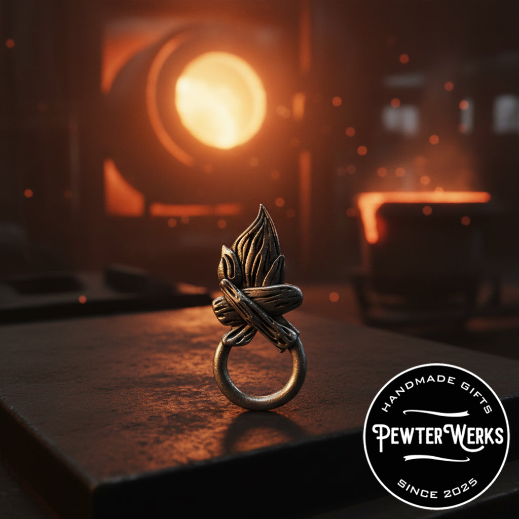 A pewter 'Campfire' eyeglass holder sitting on metal bench in a foundry in front of the furnace. PewterWerks logo visible.