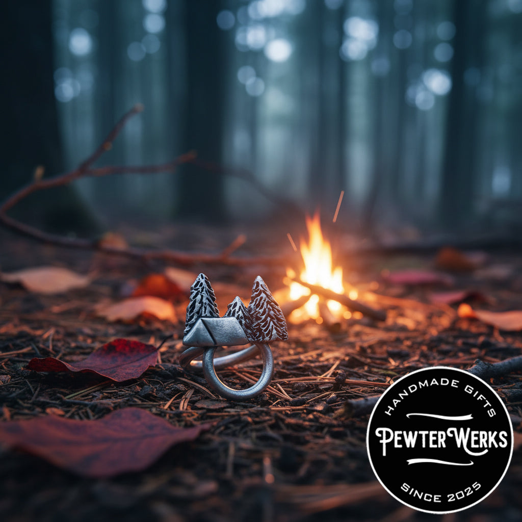A pewter 'Camping' eyeglass holder sitting on the ground amongst pine needles and leaves in front of a glowing camp fire. PewterWerks logo visible.