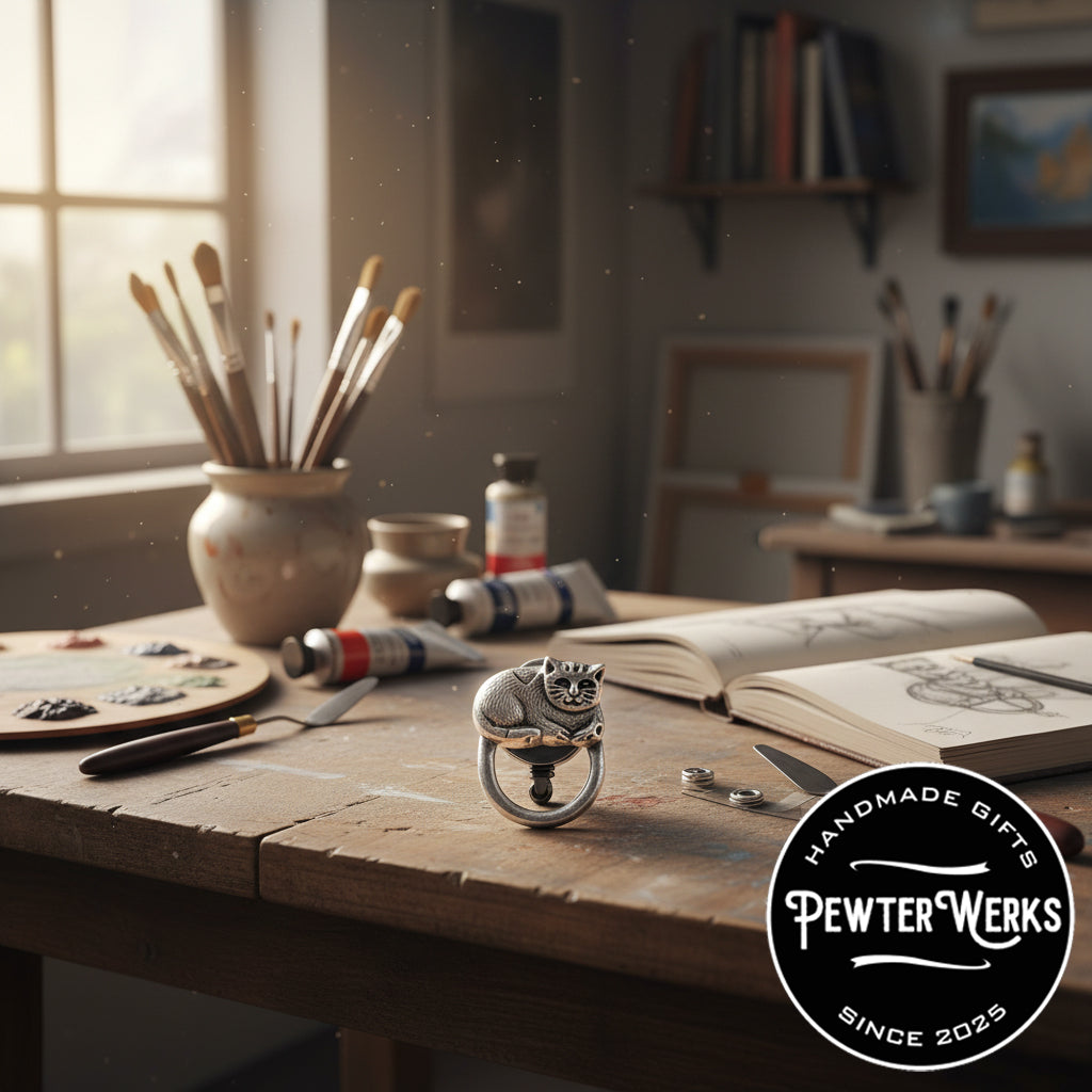 A pewter 'Cat' eyeglass holder freshly painted in an artist's loft. PewterWerks logo is visible.