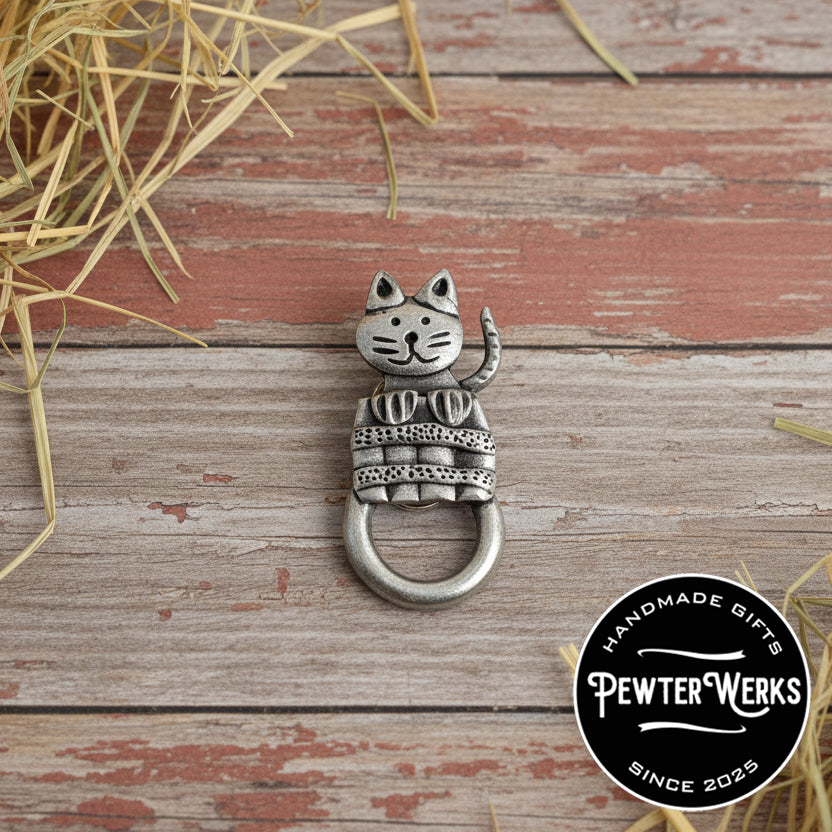 Handmade Pewter Eyeglass / ID Badge Holder Pin 'Cat in a Barrel' Gift Bag Included.