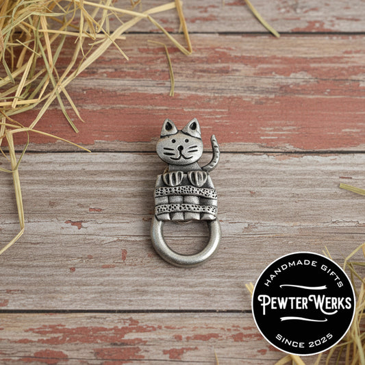 Handmade Pewter Eyeglass / ID Badge Holder Pin 'Cat in a Barrel' Gift Bag Included.