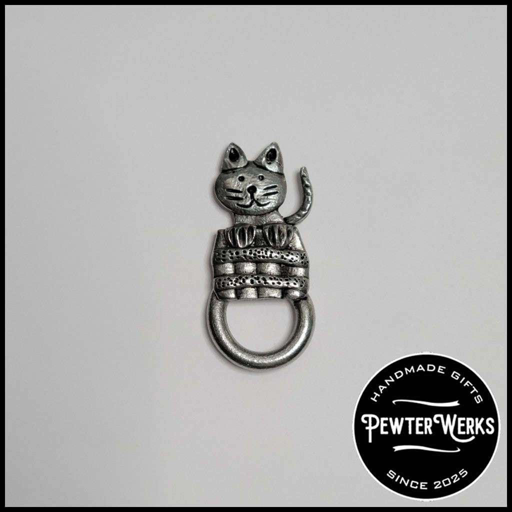 Handmade Pewter Eyeglass / ID Badge Holder Pin 'Cat in a Barrel' Gift Bag Included.