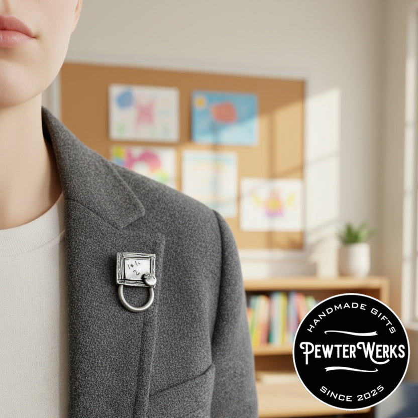 Handmade Pewter Eyeglass / ID Badge Holder Pin 'Chalkboard and Apple' Gift Bag Included.
