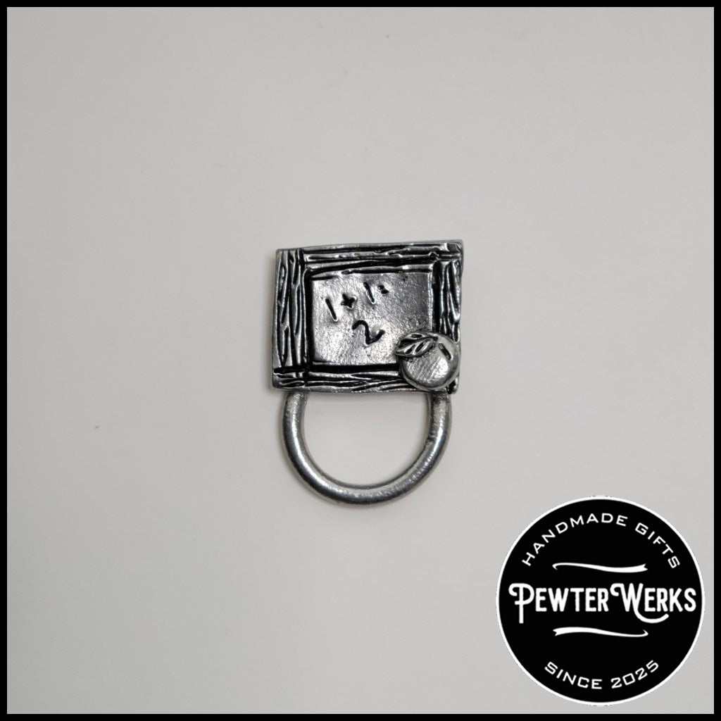 Handmade Pewter Eyeglass / ID Badge Holder Pin 'Chalkboard and Apple' Gift Bag Included.