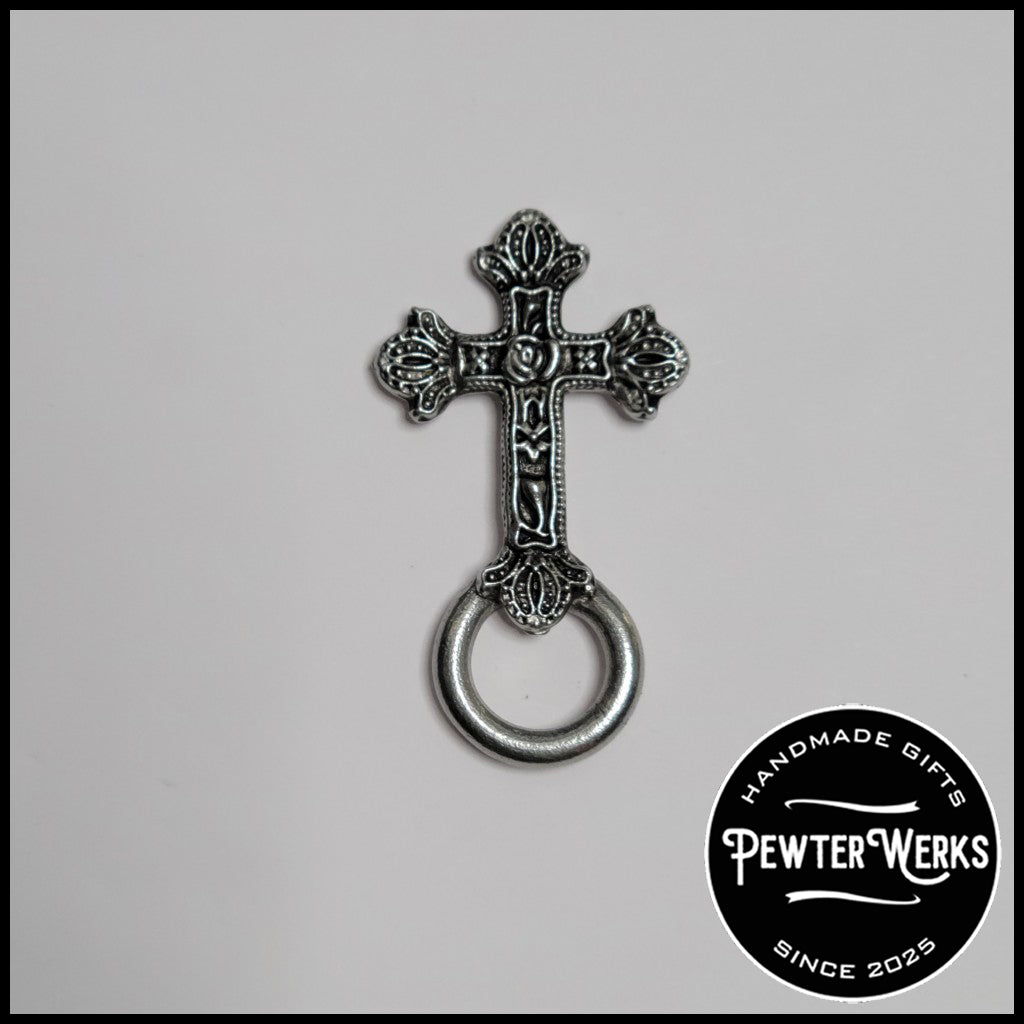 Handmade Pewter Eyeglass / ID Badge Holder Pin 'Cross' Gift Bag Included.
