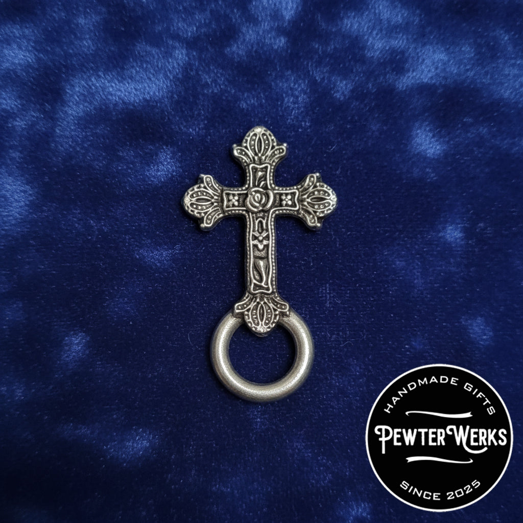 Handmade Pewter Eyeglass / ID Badge Holder Pin 'Cross' Gift Bag Included.