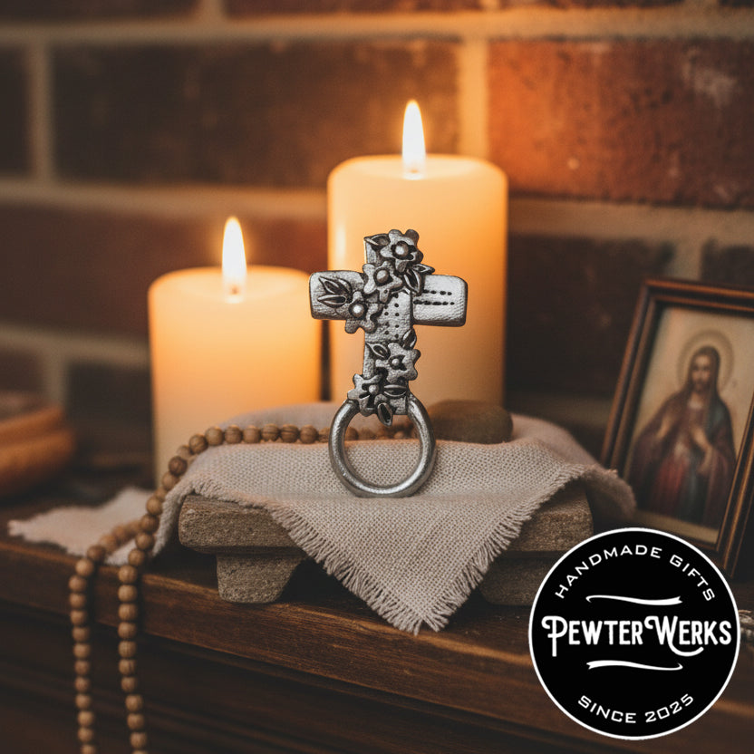 Handmade Pewter Eyeglass / ID Badge Holder Pin 'Cross with Flowers' Gift Bag Included.