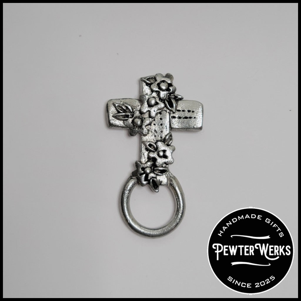 Handmade Pewter Eyeglass / ID Badge Holder Pin 'Cross with Flowers' Gift Bag Included.
