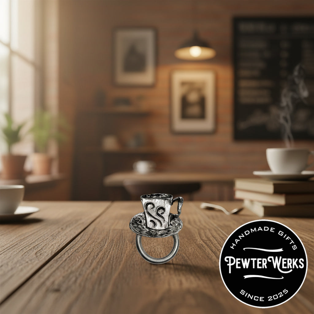 Handmade Pewter Eyeglass / ID Badge Holder Pin 'Cup_of_Coffee' Gift Bag Included.