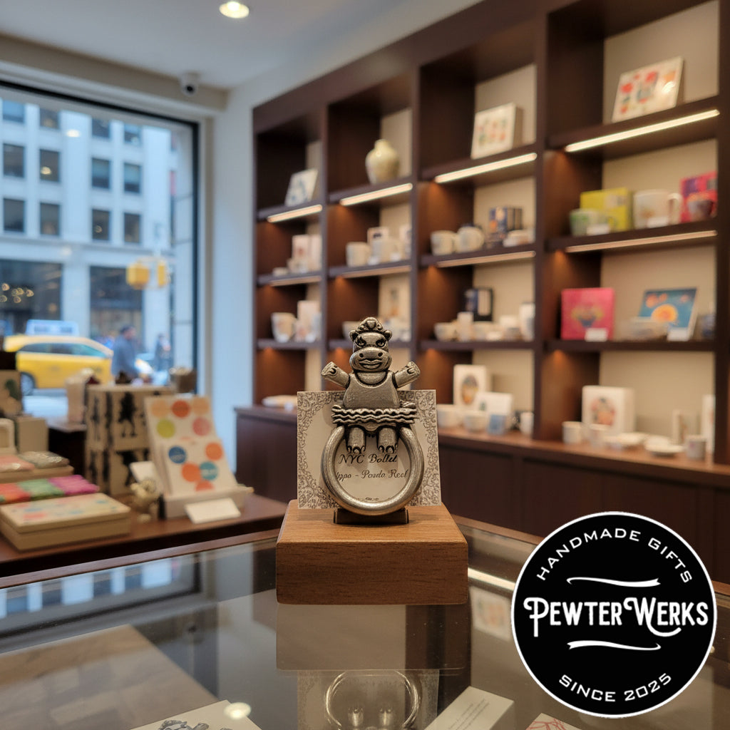 A pewter 'Dancing Hippo' eyeglass holder on display in a gift shop in New York City. PewterWerks logo in the corner.