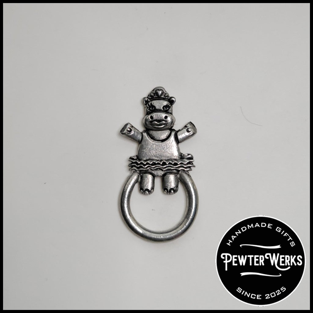 Handmade Pewter Eyeglass / ID Badge Holder Pin 'Dancing Hippo' Gift Bag Included.